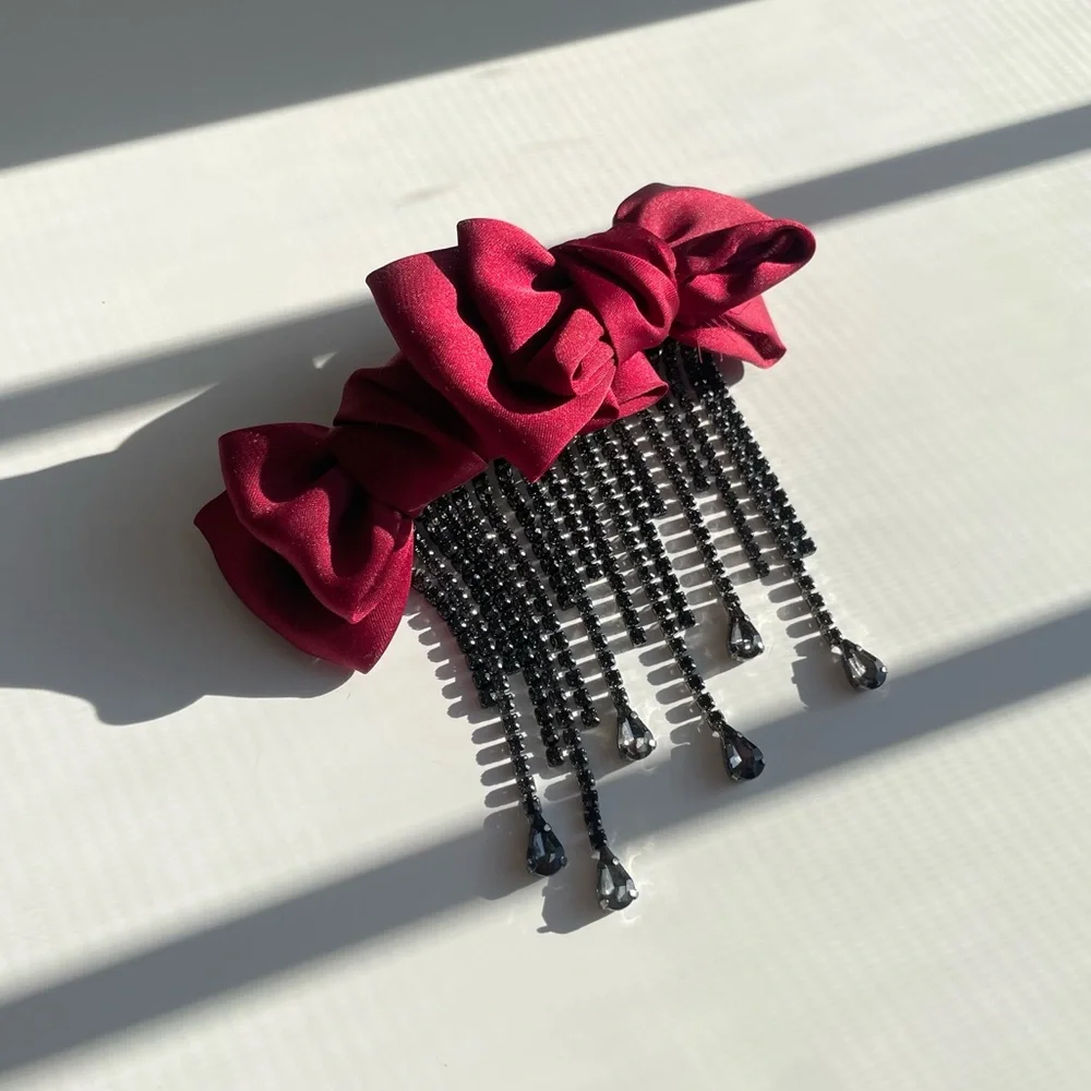 Free People NWOT Red Bow Black Rhinestone Dangle Charm Hair Clip Barrette